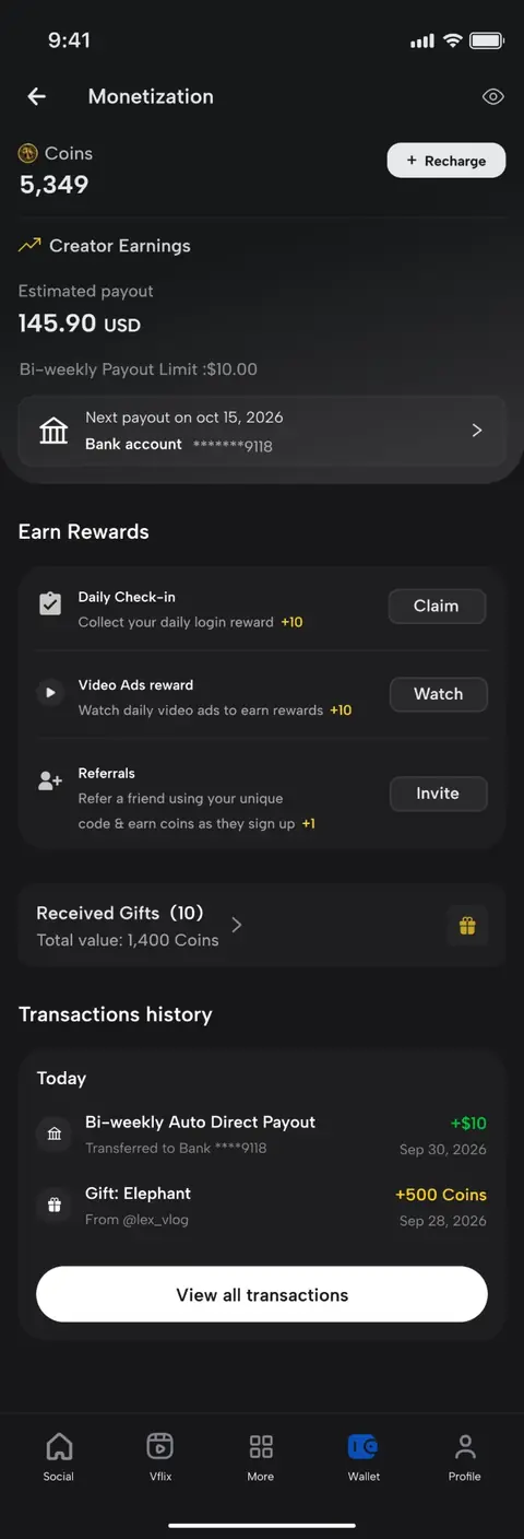 The wallet: coins, creator earnings, rewards and transactions